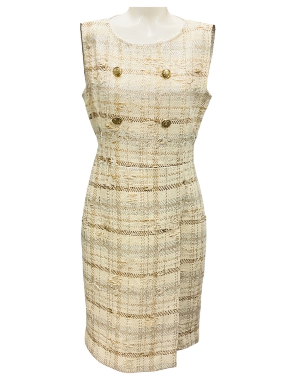 KITON IVORY / GOLD / SILVER METALLIC SLEEVELESS TWEED DRESS WITH GOLD BUTTONS